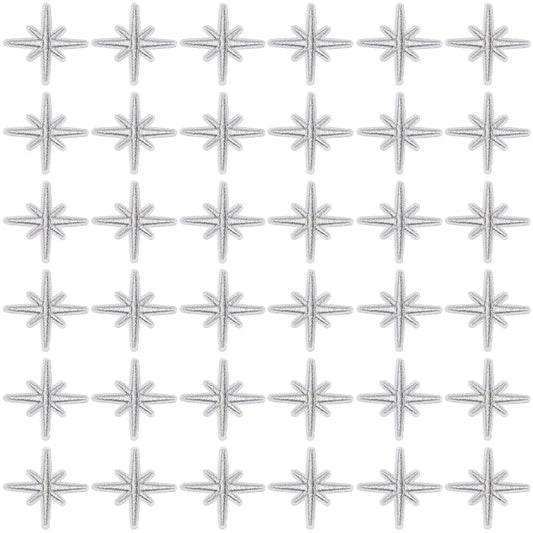 CABODYALS 100Pcs Silver Embroidered Star Patches Solid Eight Pointed Star Iron on Patch Celestial Sew on Repair Badge Appliques Bulk for Sewing Making Clothes Shirts Bags Christmas Backpack Diy Supply