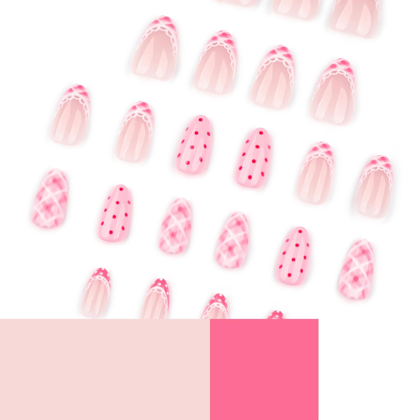 BABALAL Press On Nails, Short Almond Fake Nails, Pink Polka Dot & Plaid Lace Design, Glossy Kawaii Glue On Nails For Women And Girls Kids 24Pcs