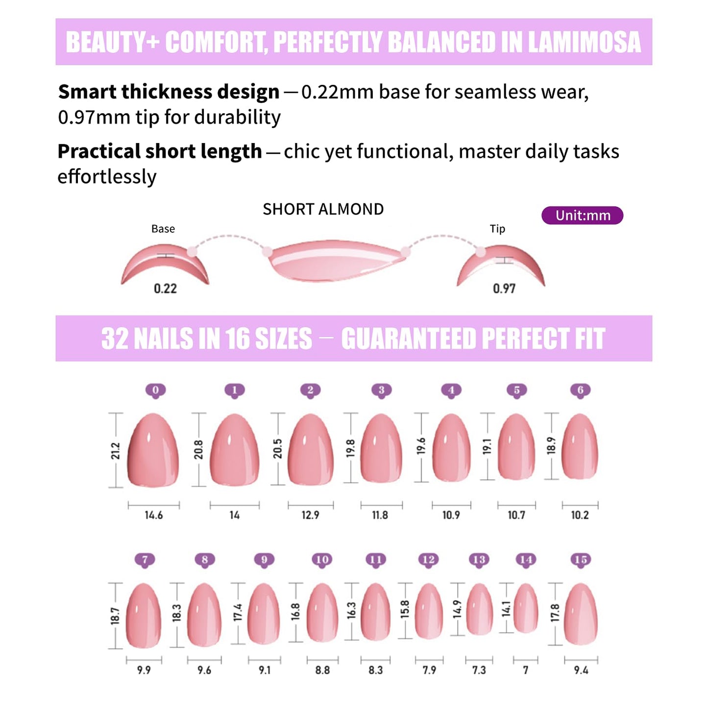LAMIMOSA 32Pcs Chrome Press On Nails Short Almond - Soft Gel Fake Nails in 16 Sizes, Reusable Glue on Nails with Shimmery Effect, GLAZED DREAM