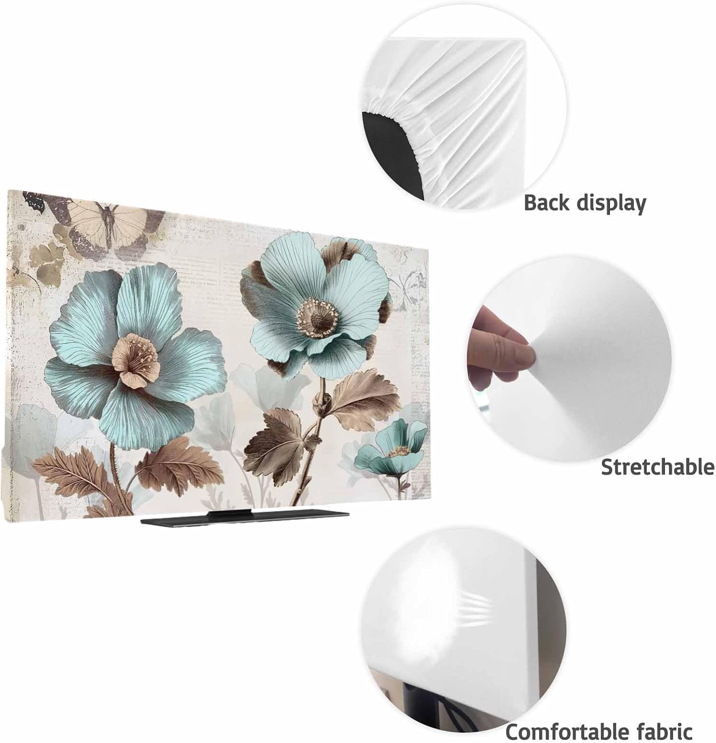 Yukro 75 Inch, 65"x37" Victorian Style Broccoli Butterfly Indoor TV Dust Cover, Blue Flowers Plant Elastic TV Dustproof