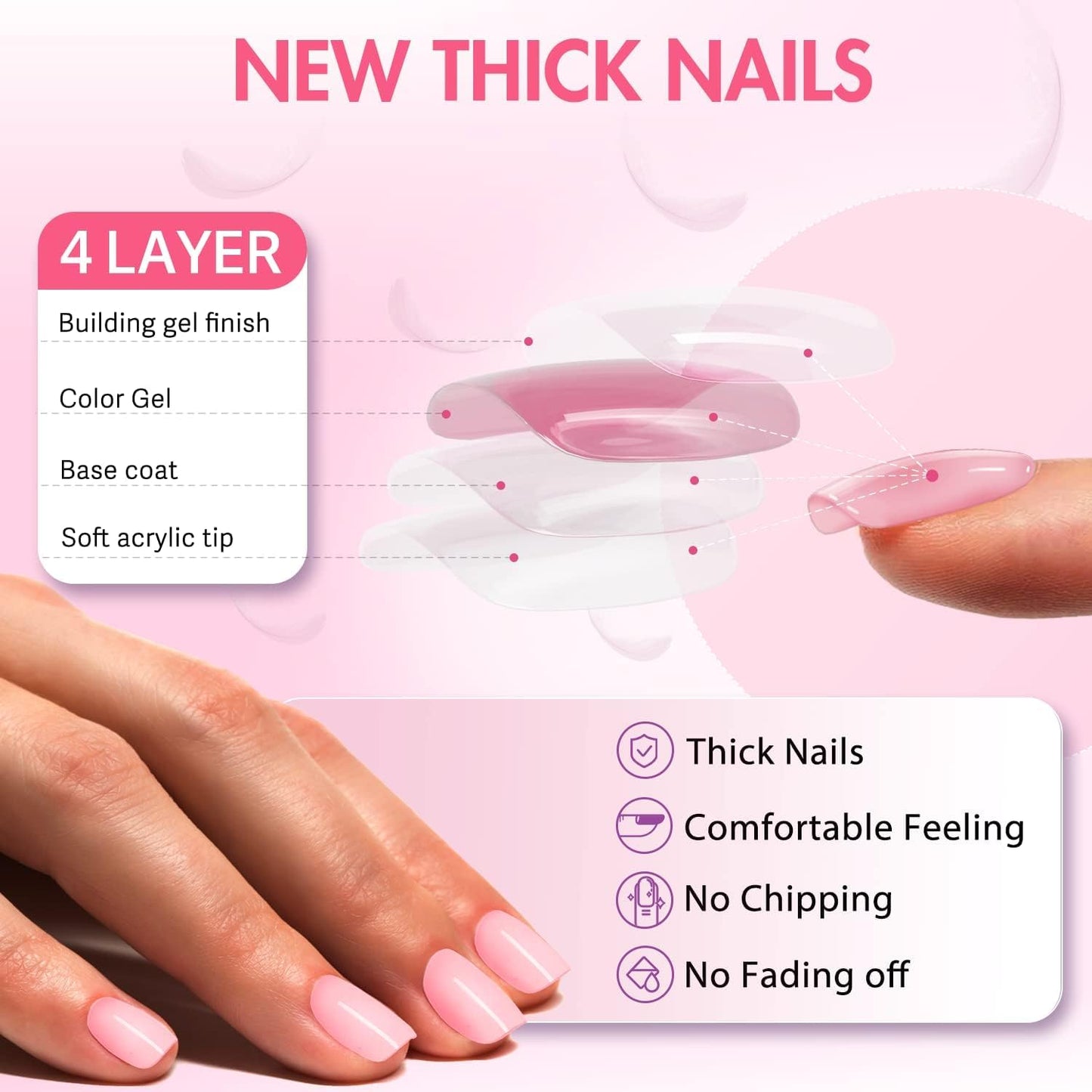 Hot Pink Press On Nails Short Square, KXAMELIE Natural Gel Nails Glue on Acrylic Nails Press ons Featured Protective Coat Thick Reusable Fake Nails Solid Color 24 Short Coffin Artificial Nails