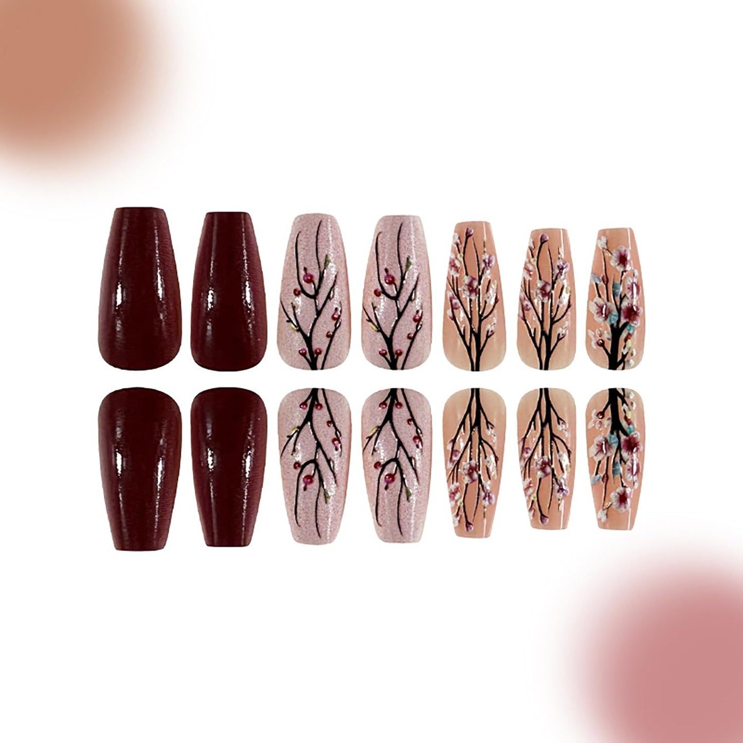 Flower Press on Nails Medium Ballet Shaped Pink Plum Bossom Pattern Design Spring Acrylic False Nails Full Cover Glossy Blossom Artificial Fingernails DIY Reusable Glue on Nail for Women 24Pcs