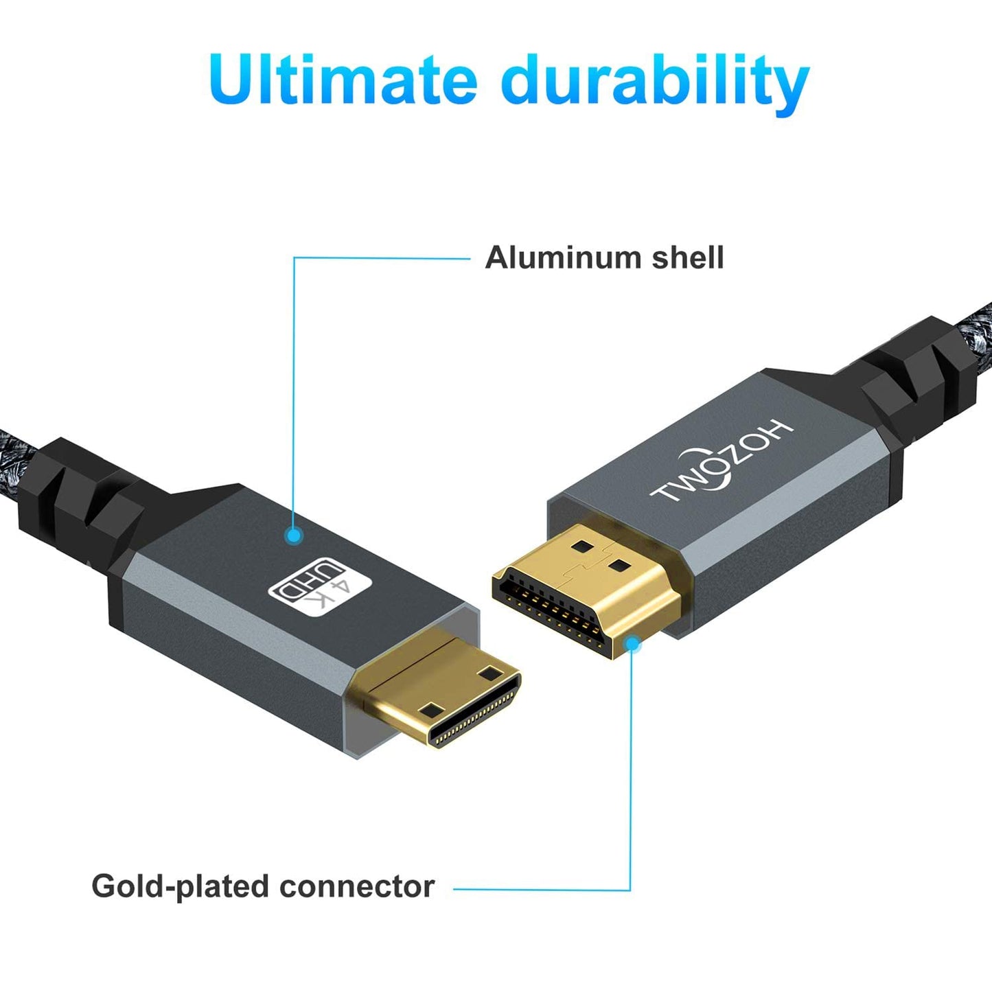 Twozoh 6.6FT 2 Pack, 3D/4K@60Hz 18Gbps/2160P/1080P Mini HDMI to HDMI Cable Nylon Braided HDMI to Mini HDMI Support