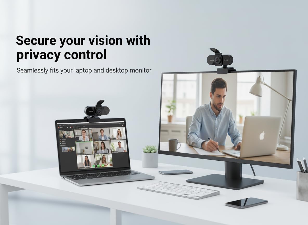 TOYAYAYO 2K HD Webcam with Microphone, Noise Cancellation, Privacy Cover, Wide-Angle Lens, Auto Light Correction, Plug