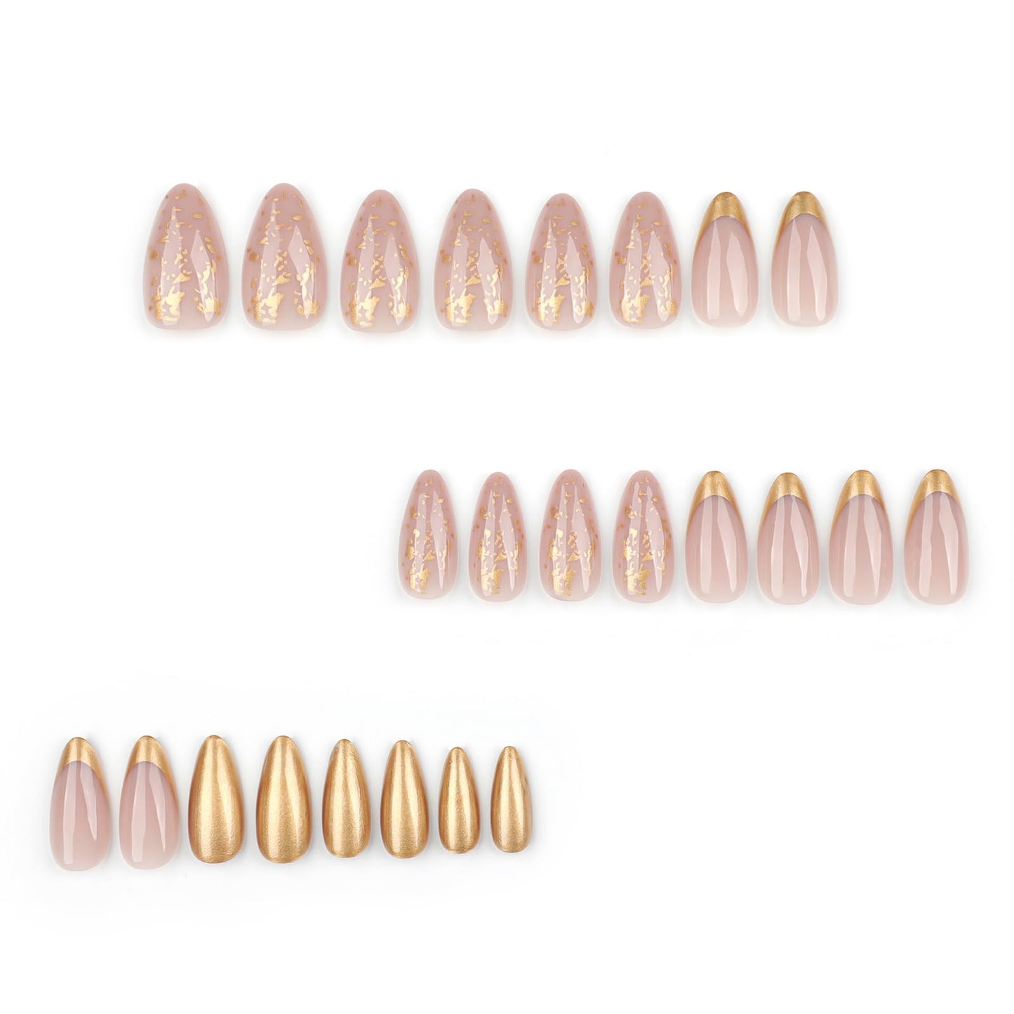 Short Almond Press on Nails with Designs French Tip Gold Nude Pink Fake Nails Press ons Acrylic Nails False Full Cover Artificial Stick on Nails for Women Girls 24 Pcs