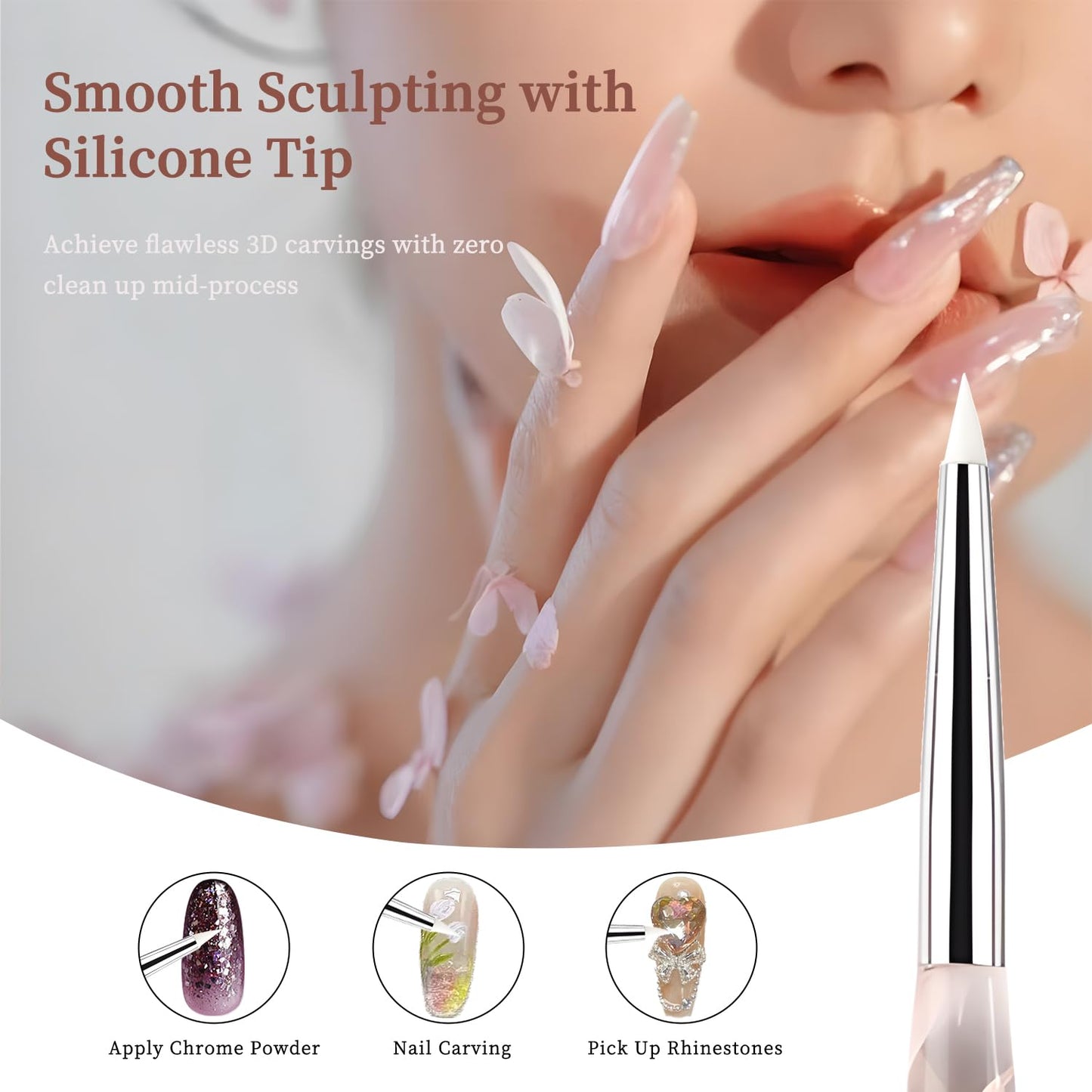 Double Nail Art Sculpture Pen: Silicone & Metal Dual Tipped Nail Brushes Silicone Nail Art Tools for Design Nail Foil Carving Drawing Shaping Effect Nail Art Pens for Home and DIY (Pink)