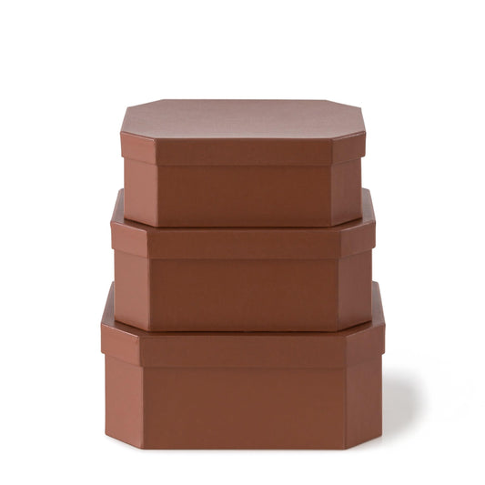 Soul & Lane Octagon Vegan Leather Decorative Boxes in Light Brown, Set of 3 Unique Durable Nesting Cardboard Storage Memory Boxes for Organizing, Keepsakes, Gifts