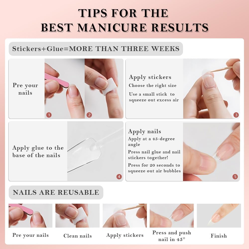 XZMeiLun 3D Pink Flower Press on Nails Medium Almond – White French Pear Designs, Acrylic Reusable Fake Nails with Adhesive Tabs Glue, Salon Quality Nail Press Ons - 24Pcs Nail Kit for Women Manicure