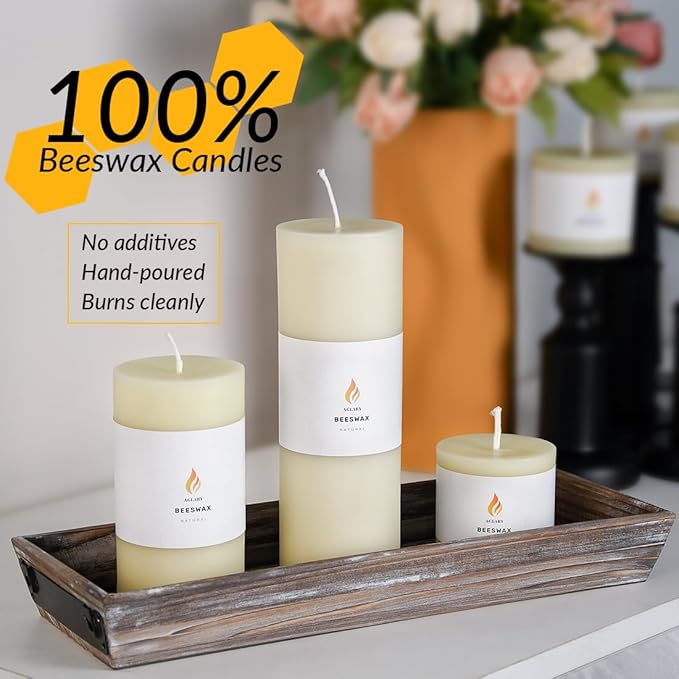 3PCS 3"x 6" Large Beeswax Pillar Candles, Made of Pure Natural Beeswax, with Ultra Long Burning Time and Low Allergenicity-White,82H