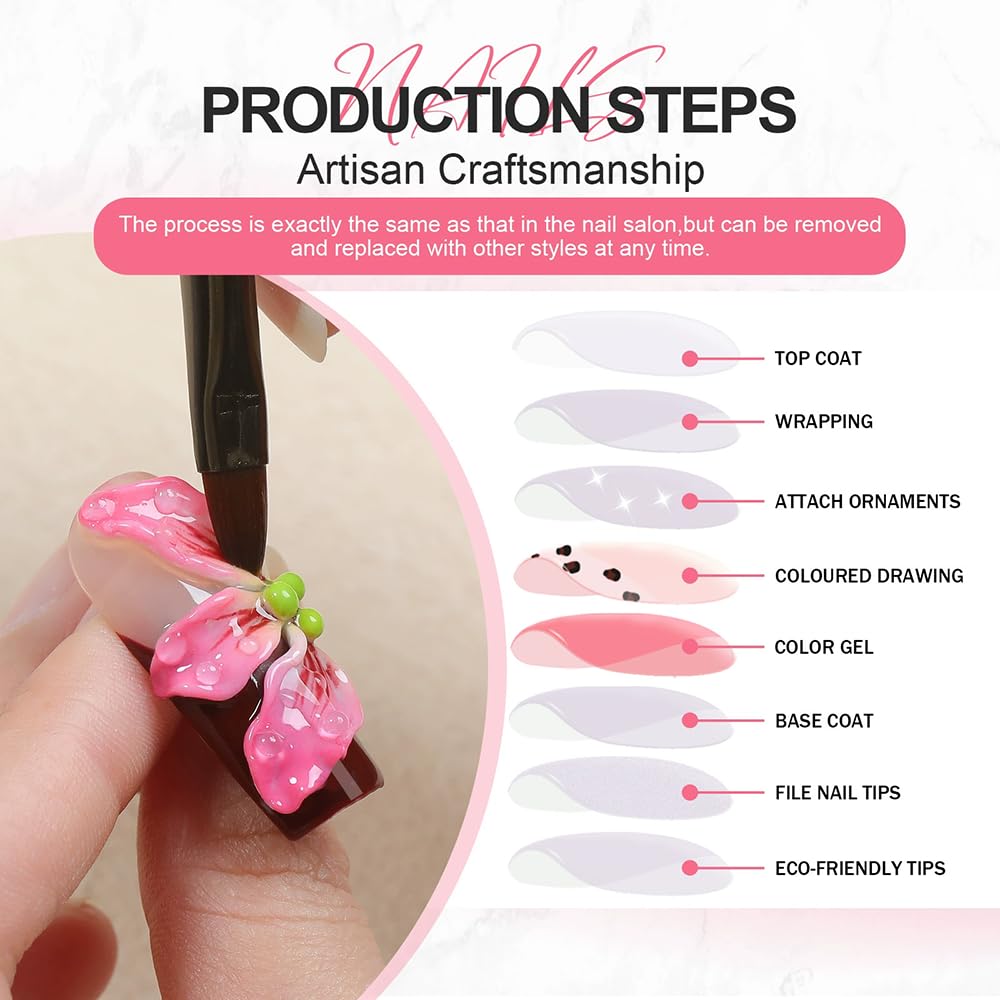 Handmade Press on Nails Coffin Medium Fake Nails Black French Tip with 3D Flower Cherry Designs luxury Charm Glossy Cute Acrylic Nails for Women 10pcs (Size M）