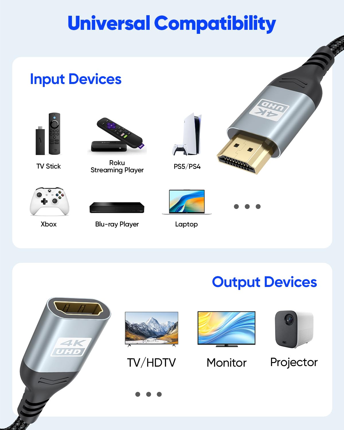 4K 10 4K@60Hz, 2K, 1080P, 3D PS5/PS4 HDMI Extension Cable FT HDMI Extender, HDMI Male to Female Adapter Cord ARC, HDR