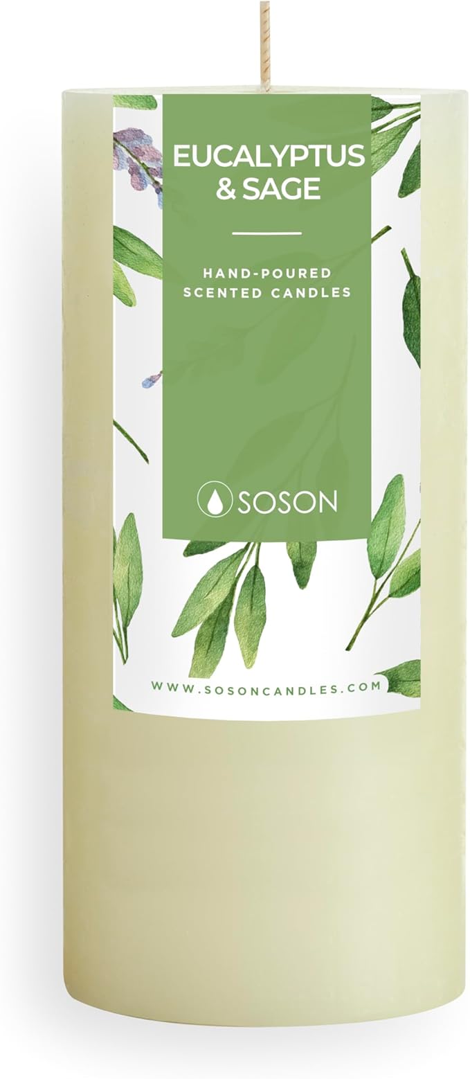 Simply Soson 3x6 inch Ivory Rustic Eucalyptus and Sage Pillar Scented Candle - 1 Piece - for Home Decor, Aromatherapy, Weddings, Restaurants, Spa, Church