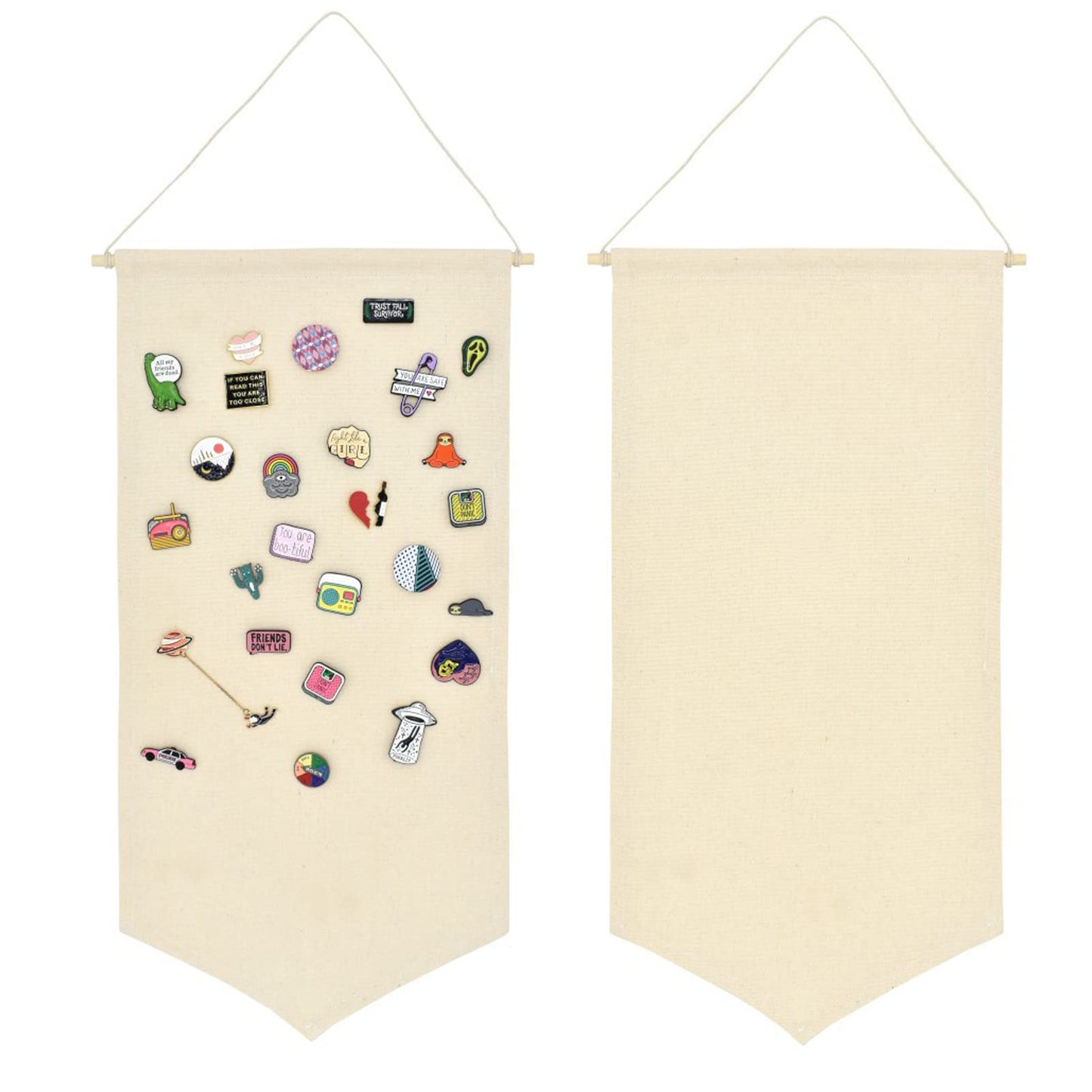 Hixixi 2pcs DIY Blank Canvas Flags Banners Stand Enamel Pin Brooch Collection Lapel Badge Storage Display Decorative Wall Hanging Banner Holder with Rod