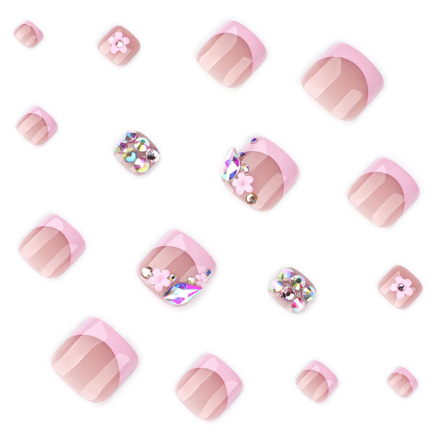 RUOKEXIN Short Press on Toenails Pink French Tip Fake Toenails with 3D Flower Rhinestones Designs Square Toe Nail Press ons Sparkly Artificial Nails for Women 24Pcs