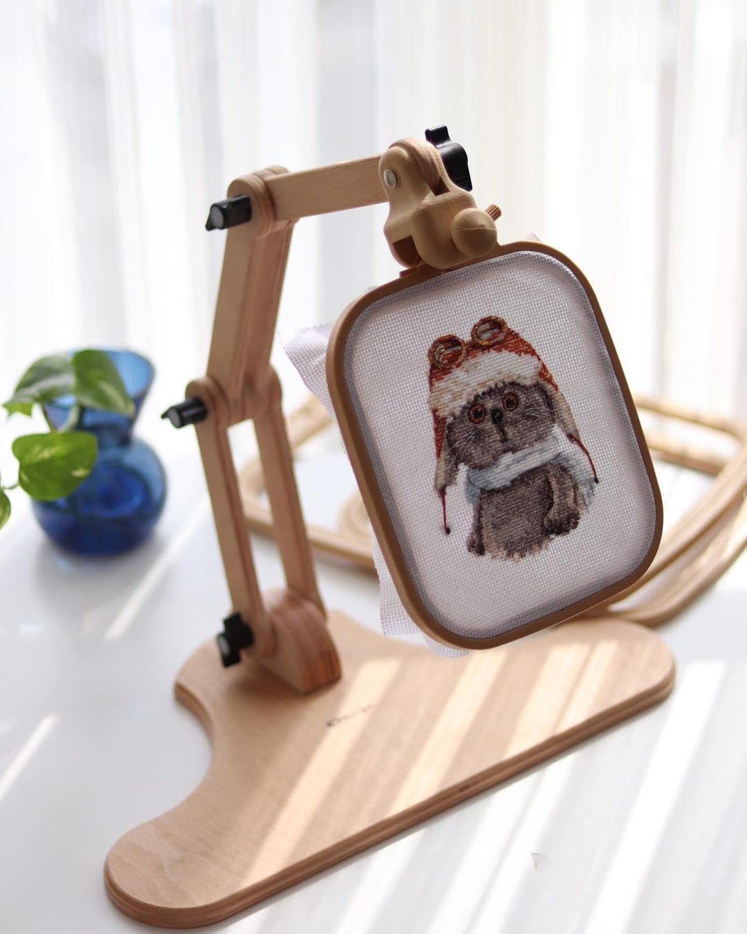 Nurge Adjustable Embroidery Table Stand, Cross Stitch Hoop Stand, Embroidery Hoop Holder. Hand Polished Natural Wood. ( Model No:190-4)