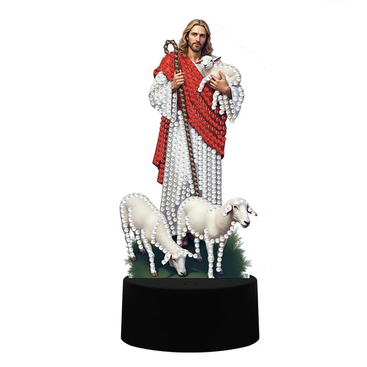pigpigboss Jesus and Sheep Diamond Painting Night Light Art Kit, Religion LED Night Lamp Diamond Painting Dots with 7 Colors for Adult Beginner Home Room Desktop Holiday Decor