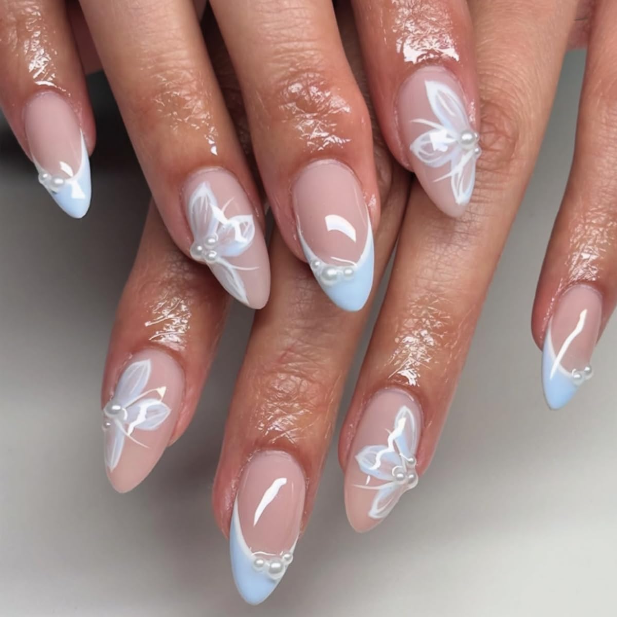 Blue French Tip Almond Press On Nails with Glue, Acrylic Butterfly Pearl Fake Nails for Women, Elegant Handmade 3D Stick On Nails, 24Pcs Reusable Medium Length False Nails for Wedding Party Daily