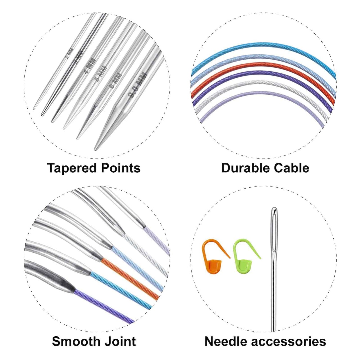 32 inch Stainless Steel Circular Knitting Needles Set for Beginners, 6 PCS US Size 0 2.5 6 8 10 13 Round Metal Knitting Needles with Magic Loop, Fixed Circle Needles for Sock, Blankets, Sweater, Scarf
