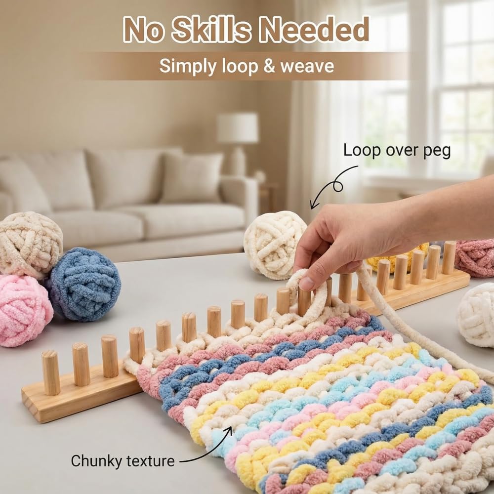 Anpyxun 20-48 Inch Adjustable Chunky Blanket Loom, Multi-Size Beginner-Friendly Wooden Knitting Kit for Blankets, Snag-Free Frame for Large DIY Yarn Projects