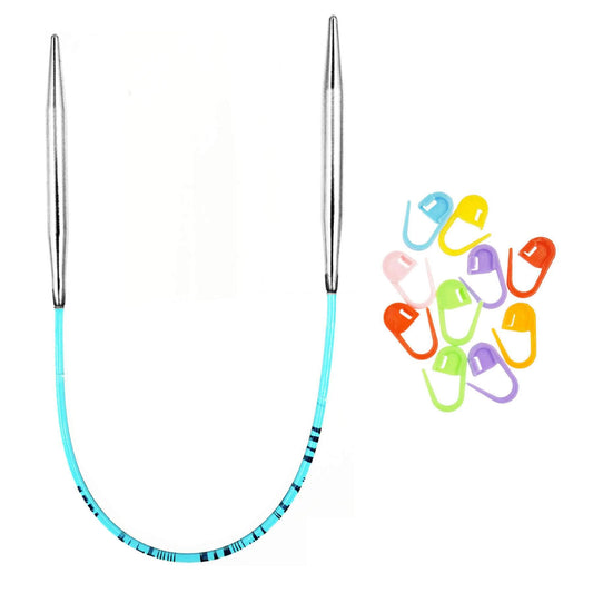 addi Turbo Original 8 inch (20cm) US 01 (2.5mm) Circular Knitting Needle Slick & Smooth Finish, Standard Taper & Tips, Smooth Joins, Blue Pliable Cord with 10 Colorful Locking Stitch Markers