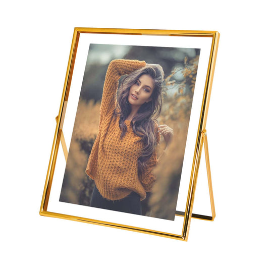 xinkerco 8X10 Gold Floating Picture Frame, Tabletop Metal Tempered Glass Picture Frames for Picture 7x9, 6x8, 5x7, Gift for Birthday, Festival, Wedding, Home or Office Decor (gold, 5x7, Vertical)