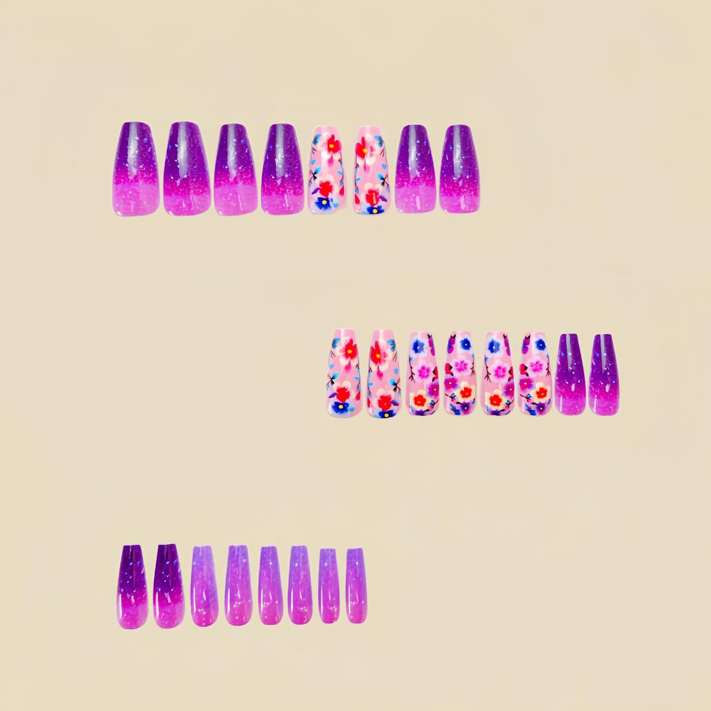 CJDLTS Press on Nails Medium Ballet Shaped Purple Flowers Pattern Design False Nails Purple Gradient Press Nails Full Cover Glitter Nails Artificial Stick on Nails Glossy Glue on Nails for Women
