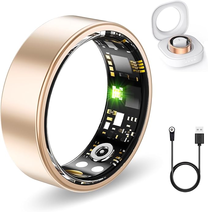 Smart Health Rings for Women Men, Fitness Tracker with Heart Rate, Blood Oxygen, HRV, Sleep Tracker, Step Tracker, No Subscription Fee, IP68 Waterproof Smart Ring for iphone & Android (Gold 11#)