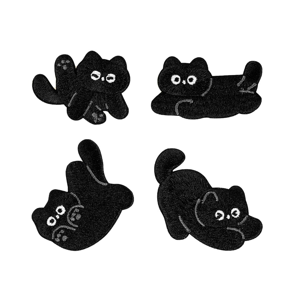 Buer Homie Self-Adhesive Embroidered Patches,4 Black Cat Patches For Clothes, Fabric Patches Self Adhesive For Backpacks,Stick On Patches Stickers Self Adhesive