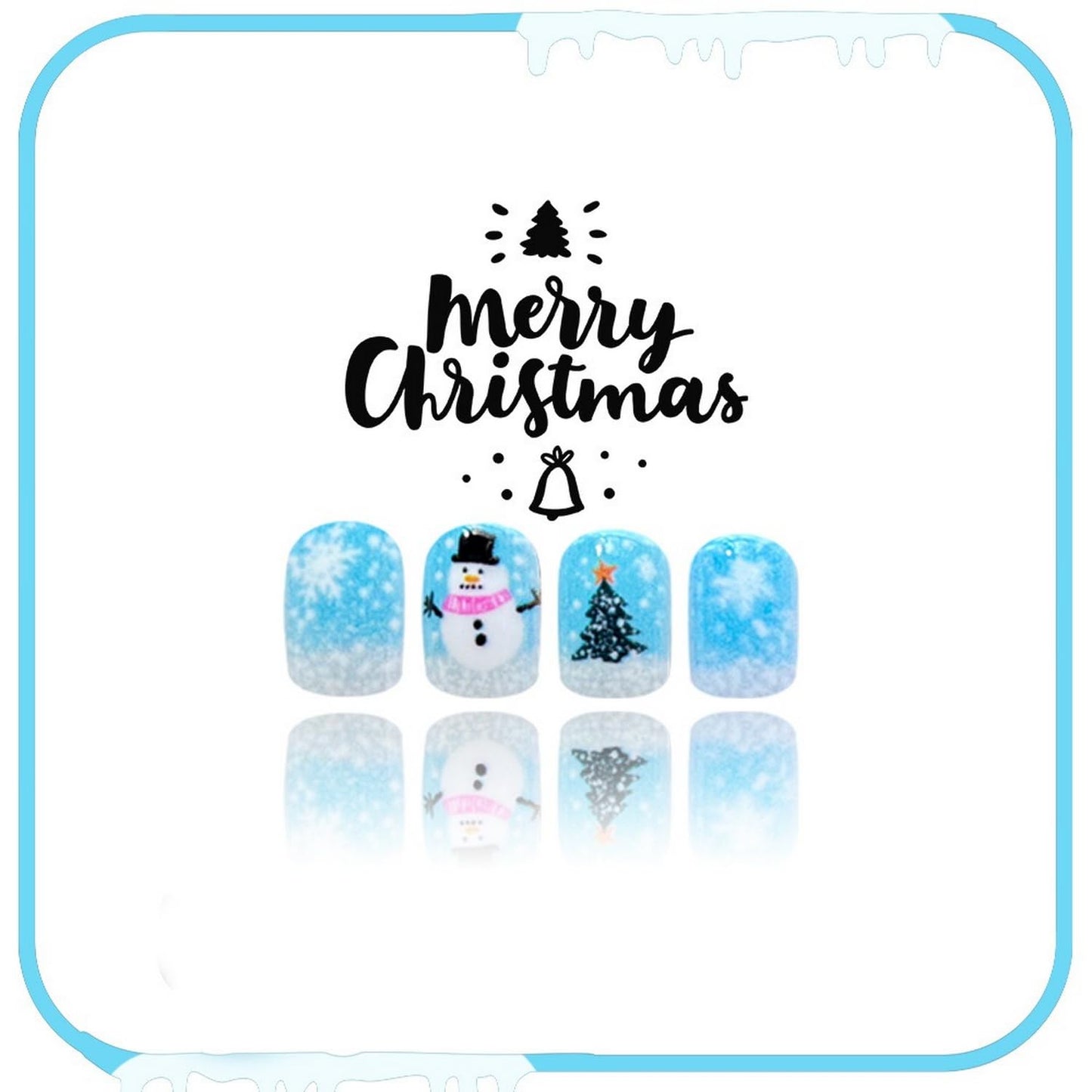 Christmas Press on Nails Winter Cute Snowman Snowflake Christmas Tree Fake Nails Designs Short Square False Nails Women Blue Christmas Glue on Nails Full Cover Reusable Glossy Holiday 24 Pcs