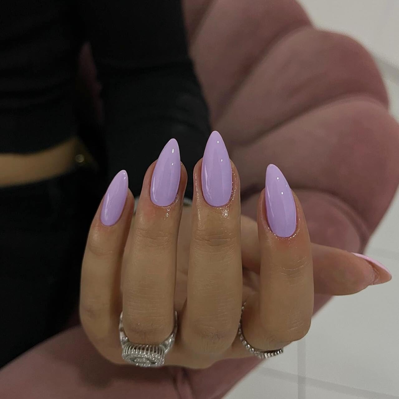 Light Purple Press on Nails Medium Stiletto Almond,KQueenest Pure Color Acrylic Nails Kit Reusable Fake Nails with Feature Protective UV Coating for Women Nail Art Manicure in 24PCS