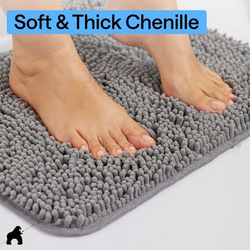 GORILLA GRIP Bath Rug Mat - Thick Soft Absorbent Chenille | Quick Dry Microfiber, 54x24, Grey