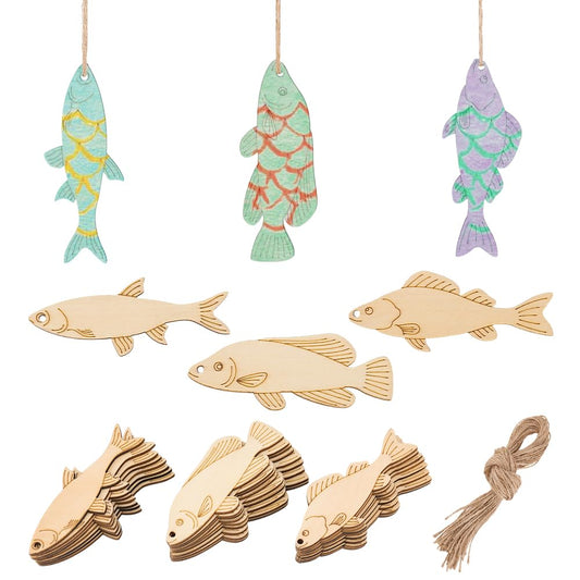 AHANDMAKER 3 Styles 30Pcs Wooden Fish Cutouts, Fish Shape Unfinished Blank Wooden Signs with Hemp Rope, Wood Craft Supplies, Fish Hanging Ornaments for Home Pets Themed Party Decoration DIY Crafts