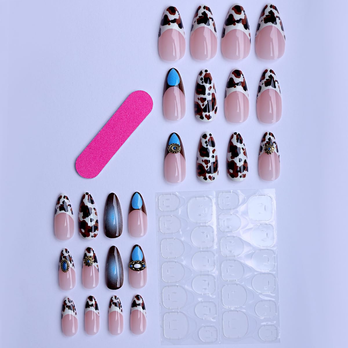 Medium Almond Press on Nails - Leopard Fake Nails with 3D Egyptian Eye Charms Designs False Nails French Tip Glue on Nails Reusable Full Cover Stick on Nails for Women Manicure 24Pcs