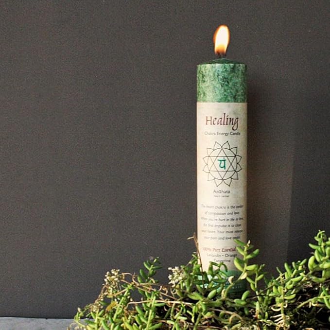 Premium Scented Candle Hand Made Chakra Energy Pillar | 4-Pack | Healing, Anahata | Yoga, Prayer & Meditation Candle | Long Burn 15 Hours | Essential Oils of Lavandin, Orange & Tangerine | Aloha Bay