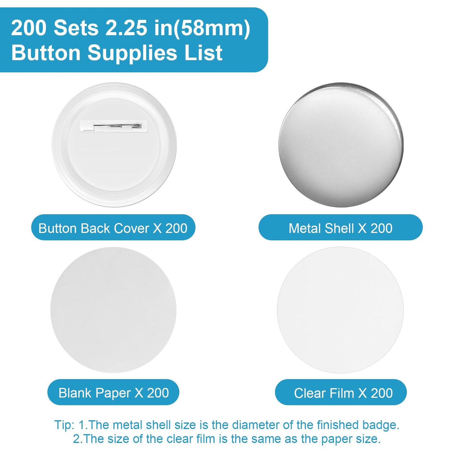 KUNTAERY 200 Sets 2.25 Inch Button Maker Supplies, 58mm Round Badge Parts with Metal Covers, Plastic Pin Backs, Clear Film & Blank Paper, Perfect for Button Maker Machine & Badge Press