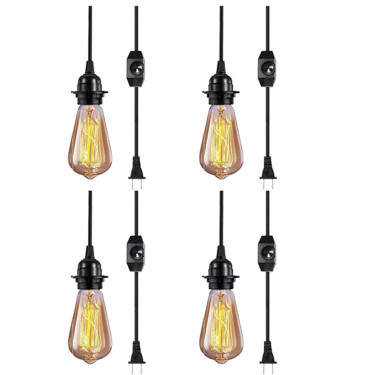 Mikniri Vintage Plug in Hanging Light Kit,4 Pack Industrial Style Pendant Lighting E26 E27 Lamp Socket with 12.14FT Twisted Textile Black Cord,Light Socket with Dimmable On/Off Switch Plug in