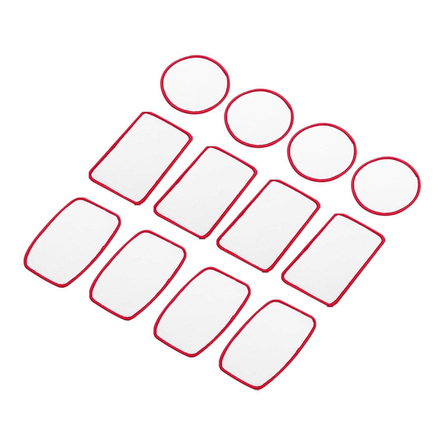 MECCANIXITY 30pcs Sublimation Patch Blank, 3 Shape Fabric Iron-on Blank Heat Transfer Repair Patch for DIY Crafts Caps Clothes, White with Red Border