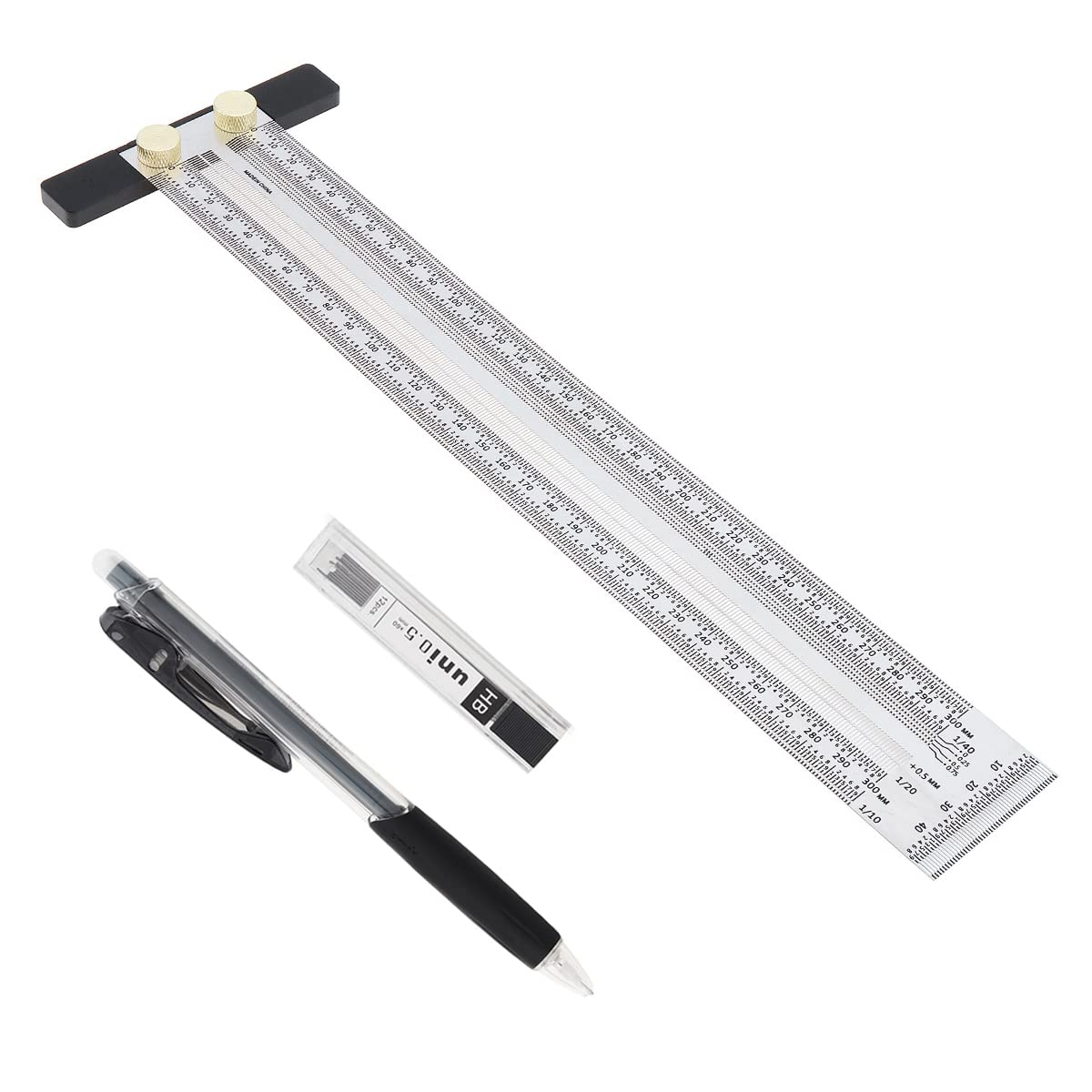 Smgda Precision Marking T-Rule Stainless Steel T Square with Mechanical Pencil & 0.5mm Refill Scribing Line Ruler for Marking or Measuring, for Carpenters, Designers, Architects, Engineers 300mm