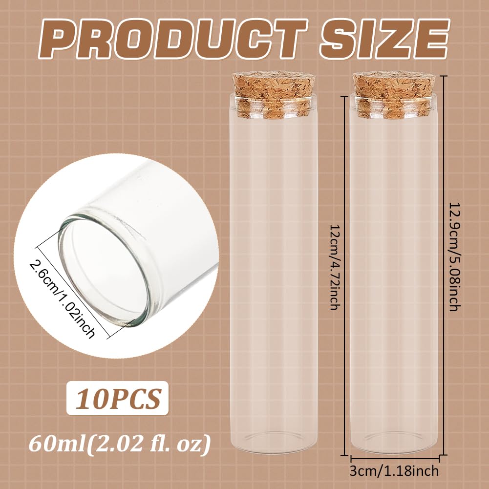 BENECREAT 10 Pack 60ml Glass Test Tube with Cork Stopper Clear Flat Mini Glass Bottles Jars for Wedding Party Favors, Candy, Spices, Beads, Mother's Day Home Decor