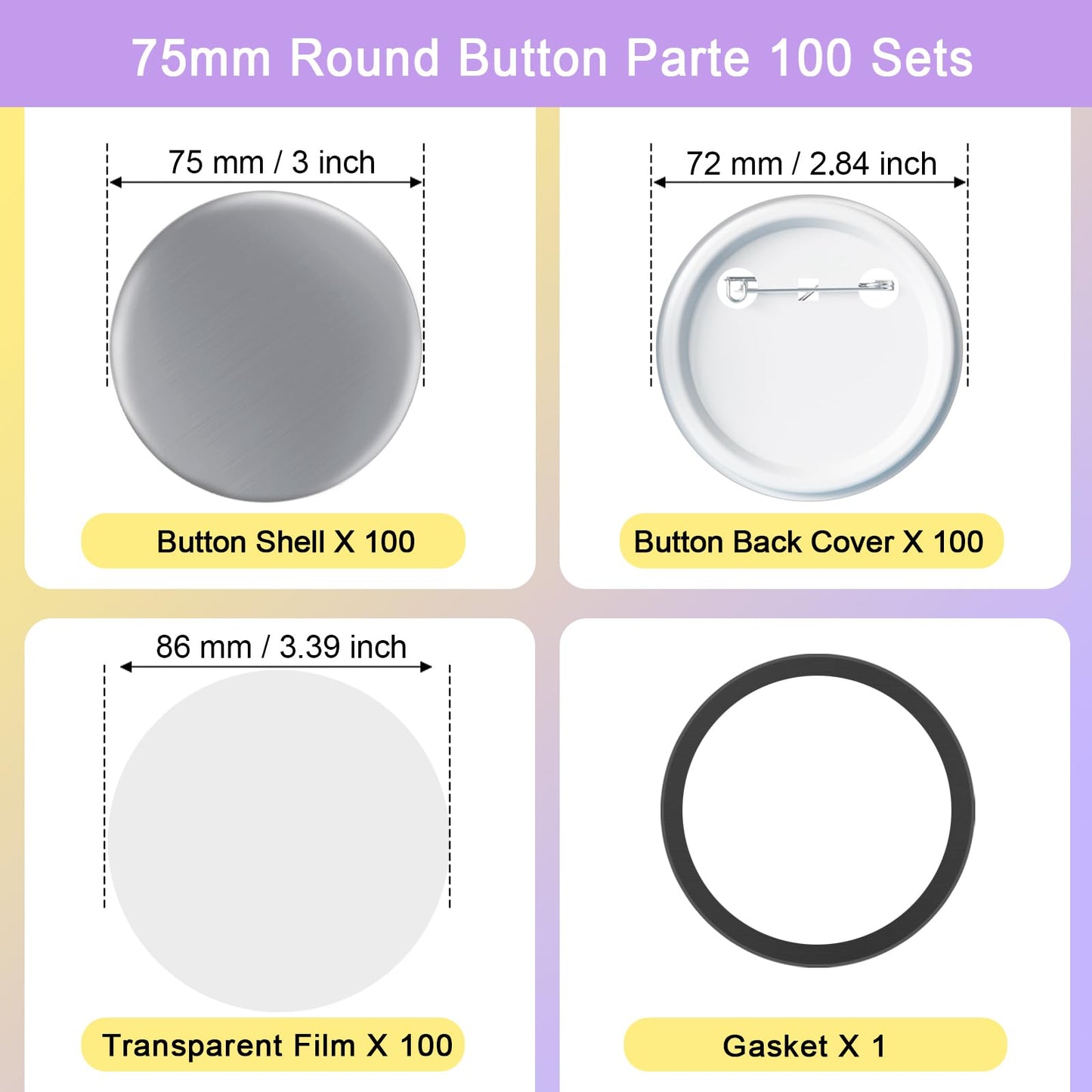 100 Sets 3 inch / 75mm Button Maker Supplies, Buttons Supplies for Custom Buttons & Badges, Metal Covers, Plastic Backs& Clear Film for Button Maker Machine, Badge Button Press