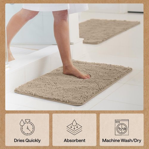 GORILLA GRIP Bath Mat - Thick, Soft, Absorbent Polyester with Rubber Backing | Quick Dry, Machine Washable, 107x61 cm, Beige