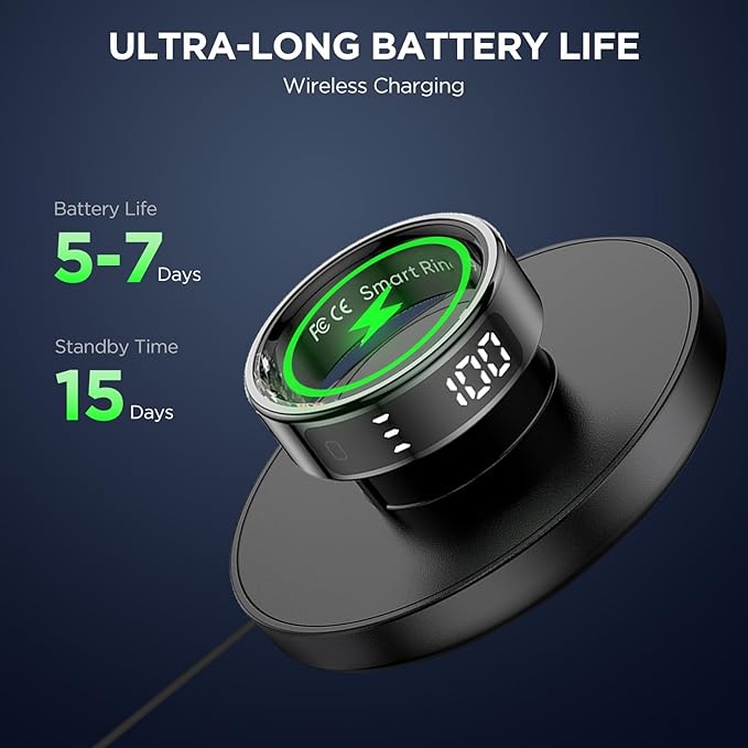 Smart Rings for Men with Display Screen, Fitness Ring with Wireless Charging, Sleep Tracker Ring with Heart Rate, Health Rings for Activity Monitoring/Steps/Calories, for iOS Android (Black,10#)