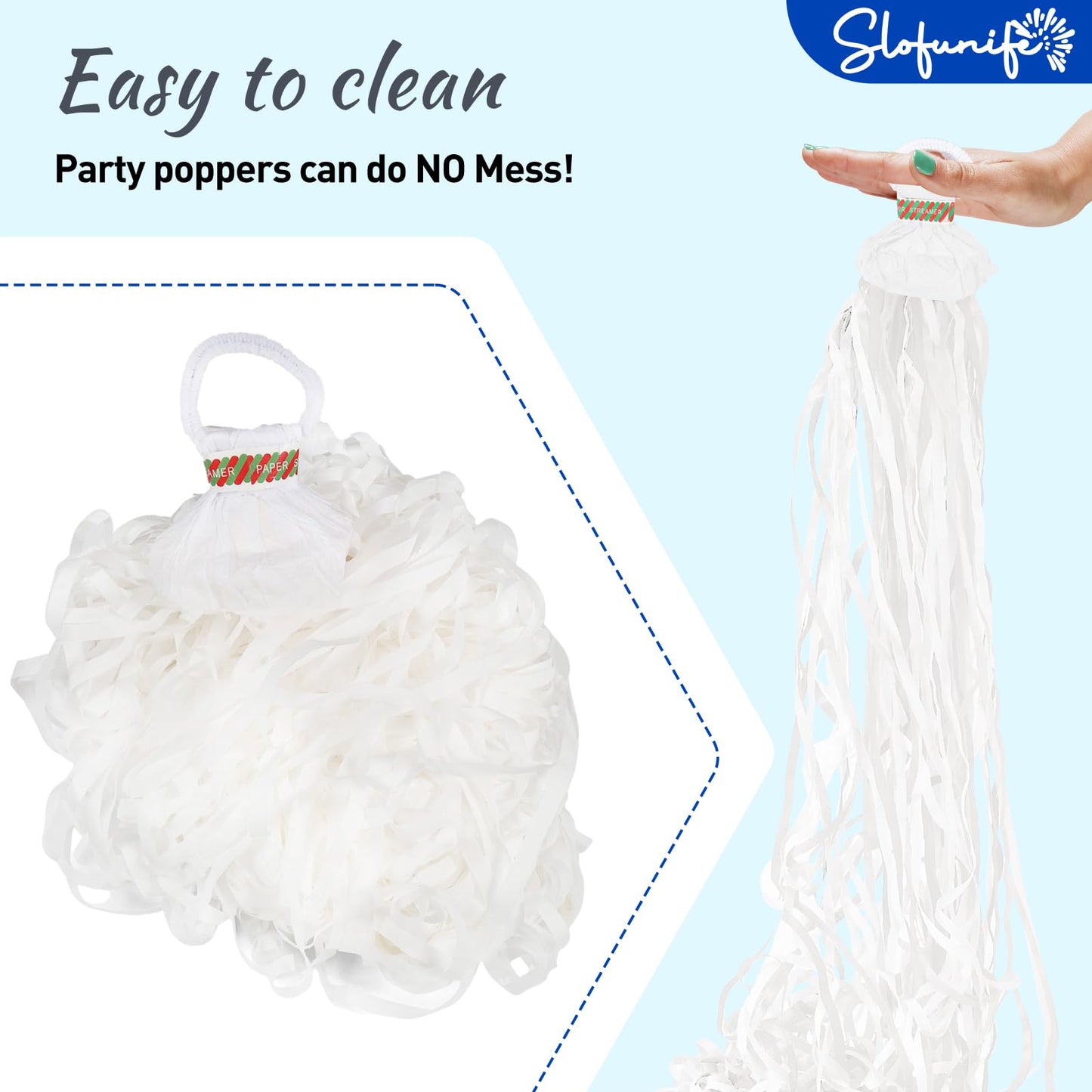 No Mess Streamers 100pack, White Confetti Poppers,Hand Throw Party Poppers No Mess for Birthday, Graduation, Wedding Send Off, Engagement Party Favors（White 100Pack）