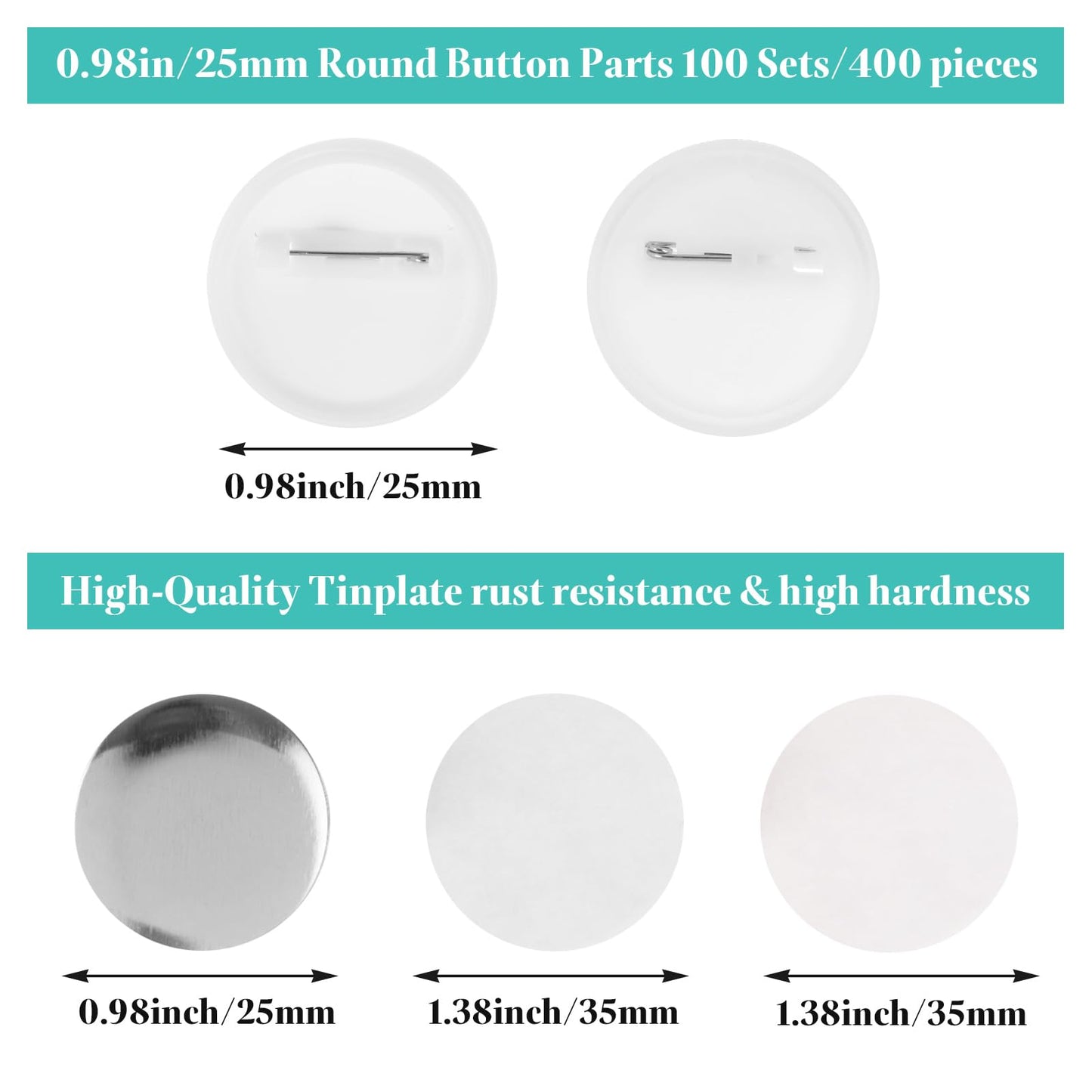 YAYODS 400 Pieces Button Maker Supplies 25mm/0.98 inch Round Badge Button Parts for Button Maker Machine, Includes Blank Pin Back Cover, Metal Cover, Clear Film, Blank Paper