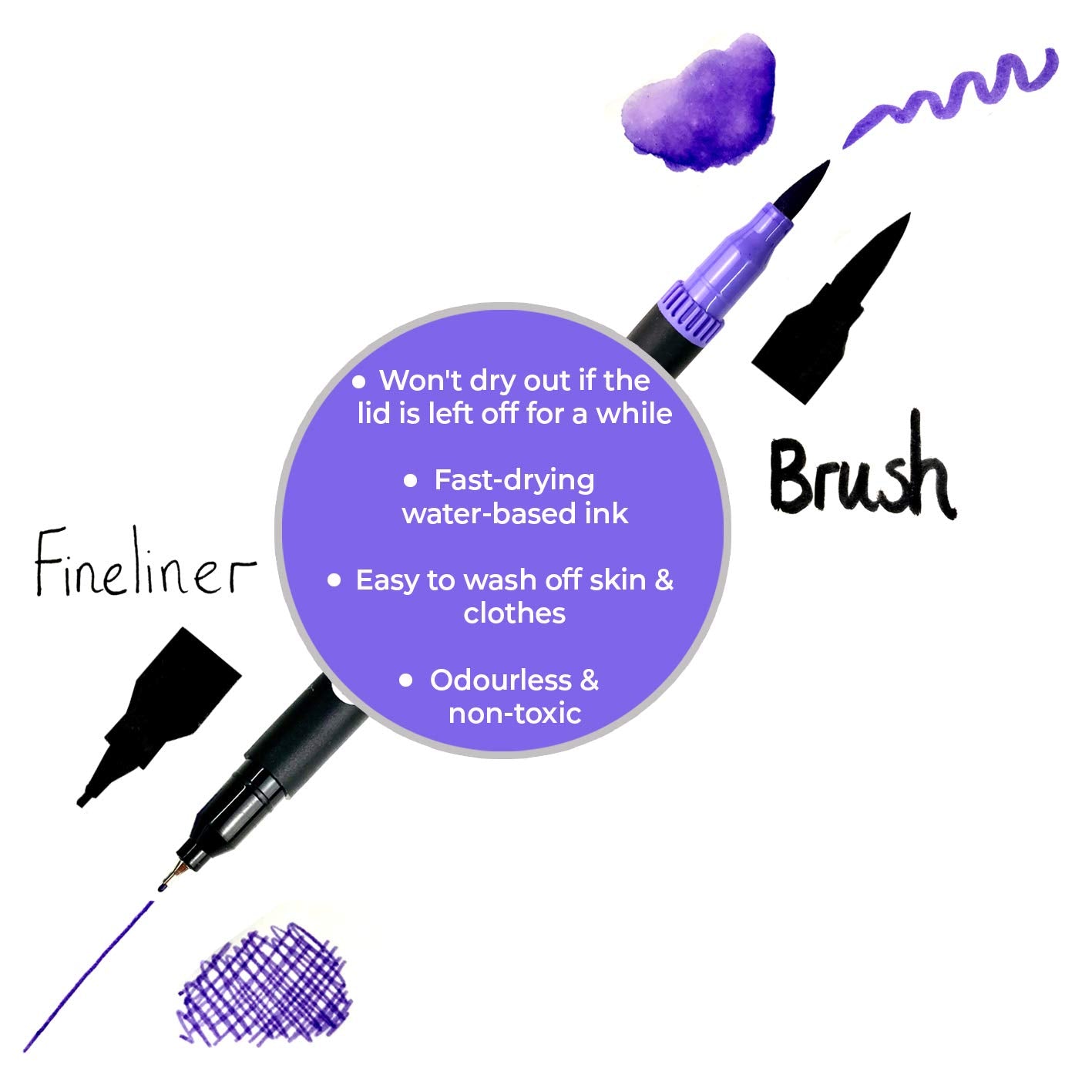 Zieler Fineliner Pens & Watercolour Brush Pens (Duo Tip, Set of 24) Ideal for Colouring, Drawing & Hand Lettering - 48 nibs - Vibrant Colours - Washable, Water-Based Ink