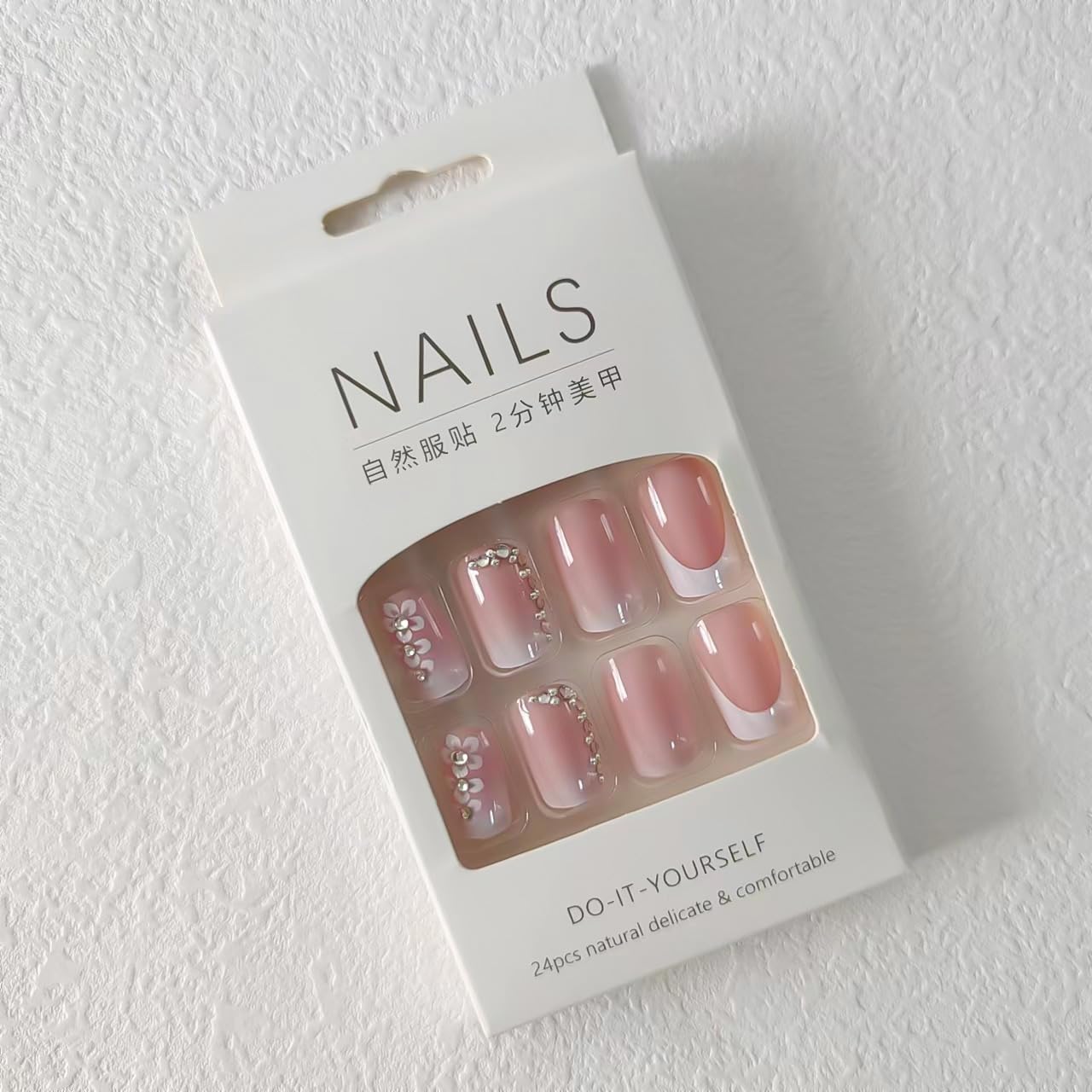 Rilafuvu Press on Nails Medium French Tip Full Cover Nails Square Press Ons Pink Press-on Nails with Flower Designs Acrylic Stick on Nails Gift for Women and Girls Decorations 24pcs (white&Pink)