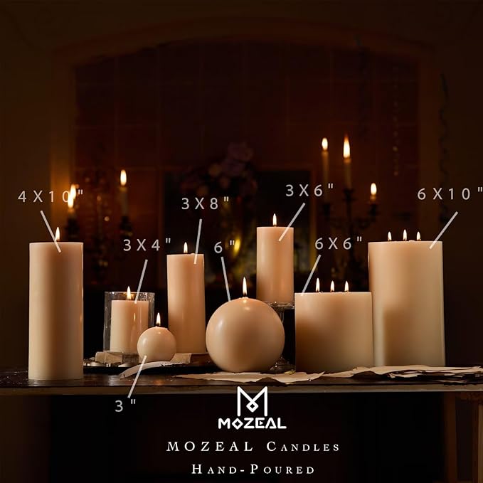 MOZEAL 3" x 8" Hand-Poured Unscented Large Candle, Smokeless Rustic Pillar Candle Set of 2, Slow Burn, No Drip, Approx 150 Hours Burning, Wedding, Dinner, Fall and Home Decorative, Tall Beige Candle