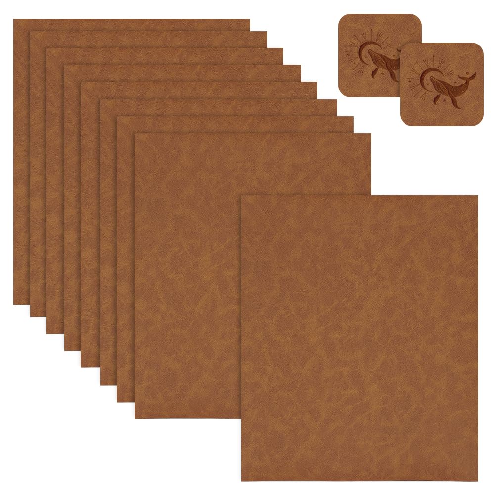 OLYCRAFT 9Pcs 10.2x12.6 Inch Peru Brown Faux Leather Sheets Large Size Laserable Leatherette Sheets Laser Engraving PU Leather Blanks Leatherette Iron on Hat Patches for DIY Hat Patches Keychain