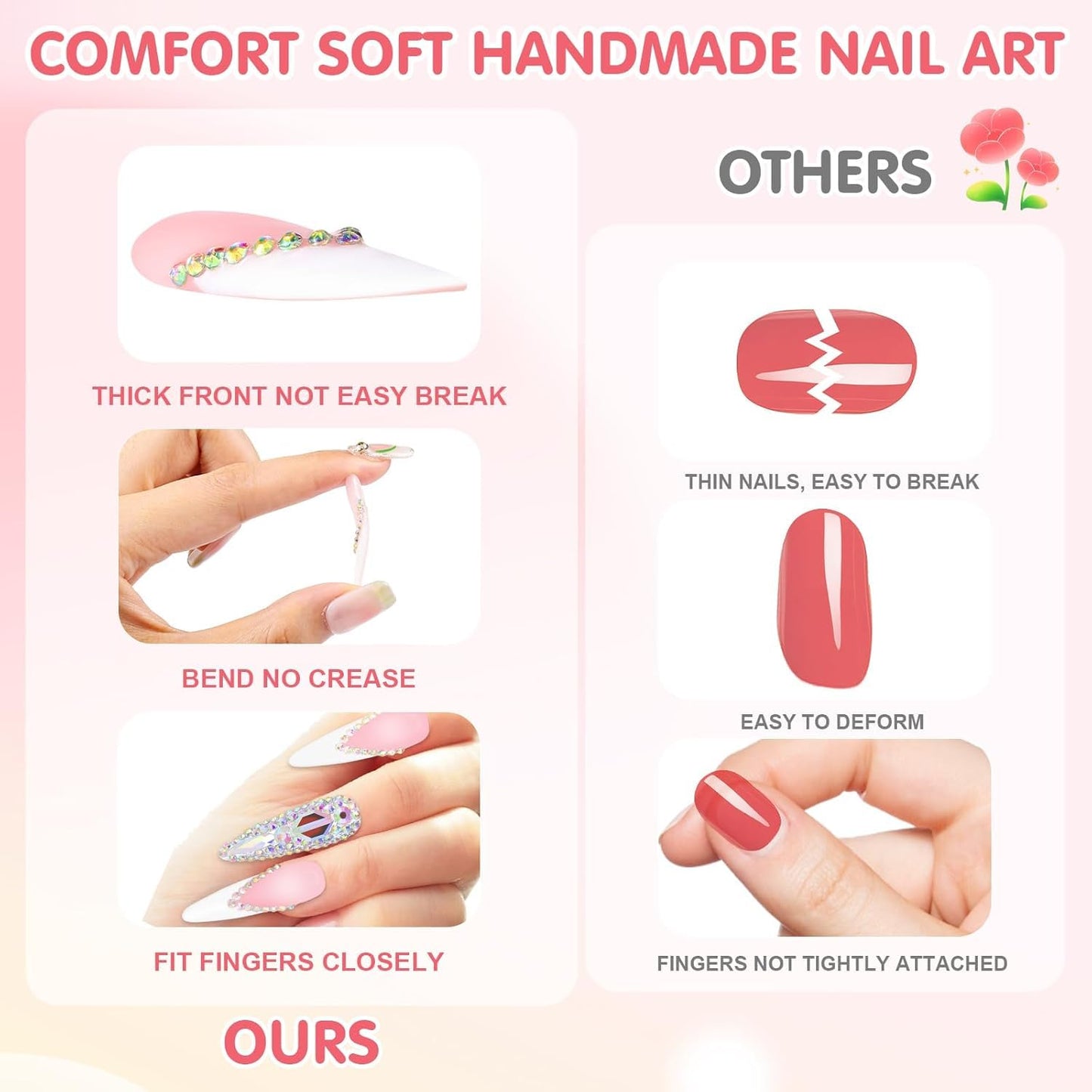 Yabonica Handmade Press On Nails Almond,10Pcs Acrylic Fake Nails Press Ons with 3D Nail Art Gel Hand-Painted Design,Nature&Lasting Stick On Nails for Woman Girls Daily Party&Wedding Wear(032S)