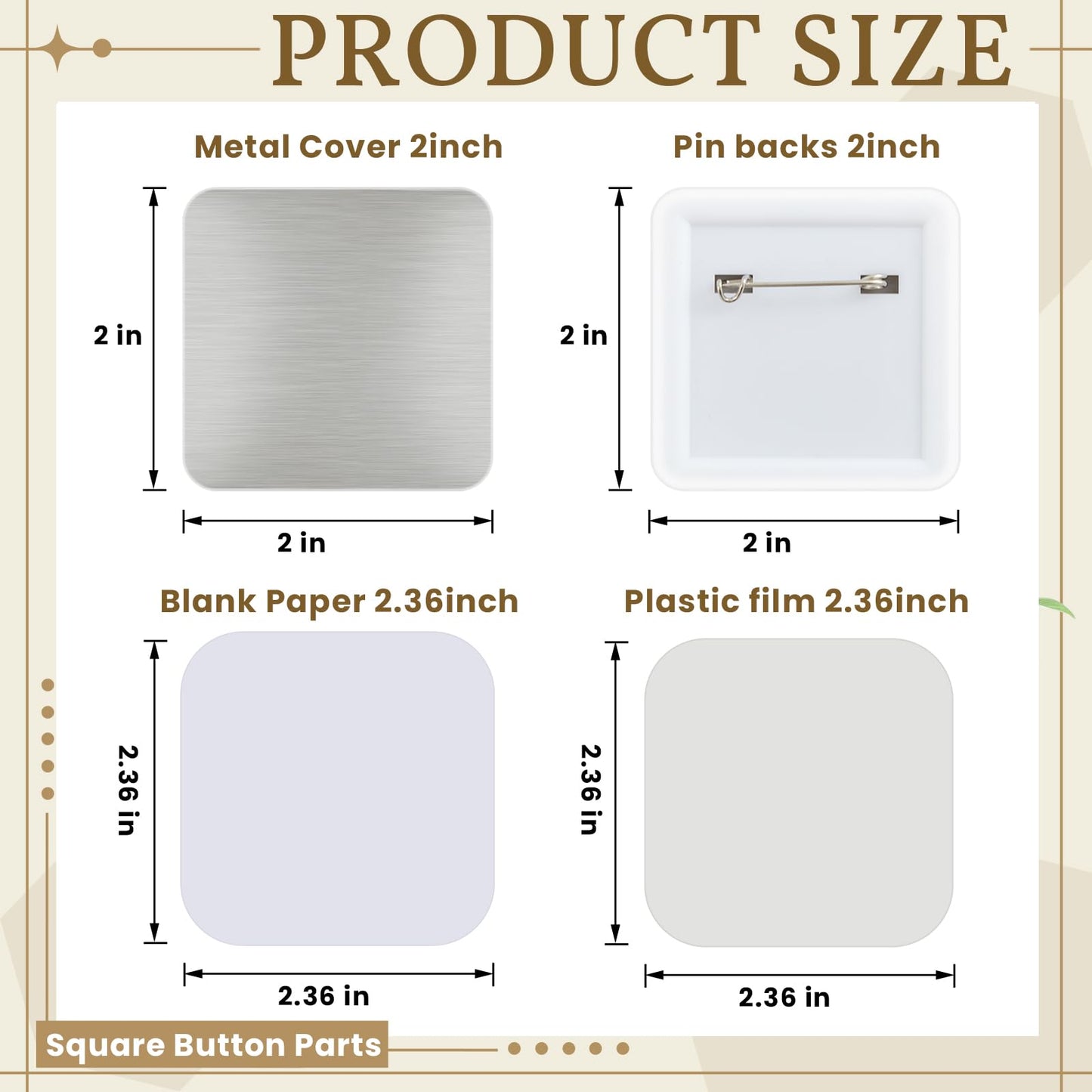 Wavwavw 200 Set 2'' x 2'' Square Pin Button Making Supplies for Square Button Maker DIY Pin Badge Parts Refill (Clear)